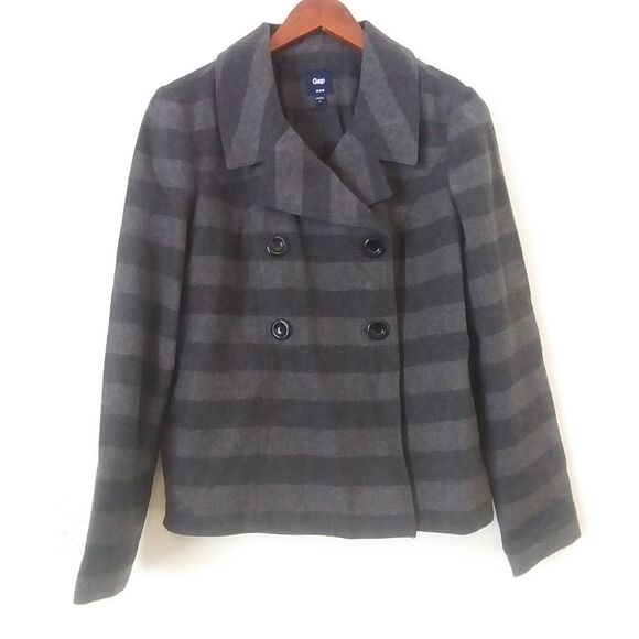 Gap Wool Blend Short Pea Coat, Grey Stripe, Med - Picture 1 of 9